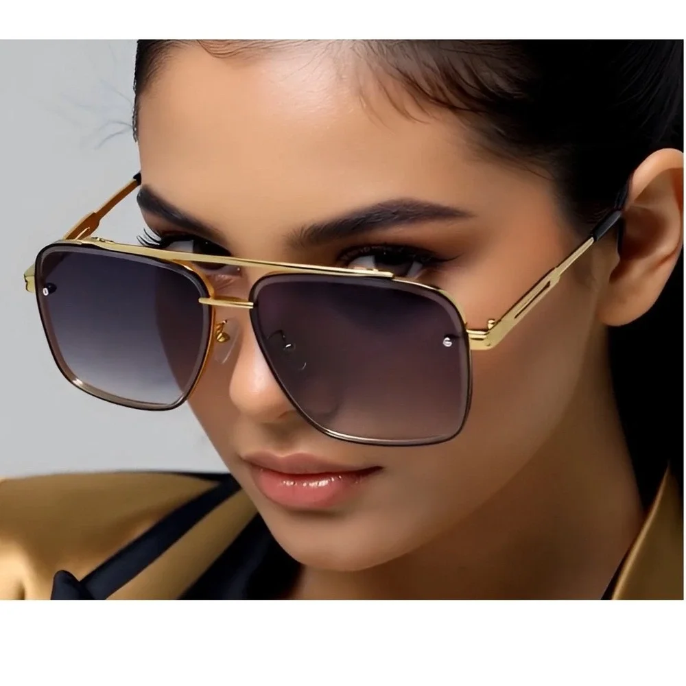 Gold Square Aviator Sunglasses Gradient Brown Lenses Women Luxury‎ Style Female